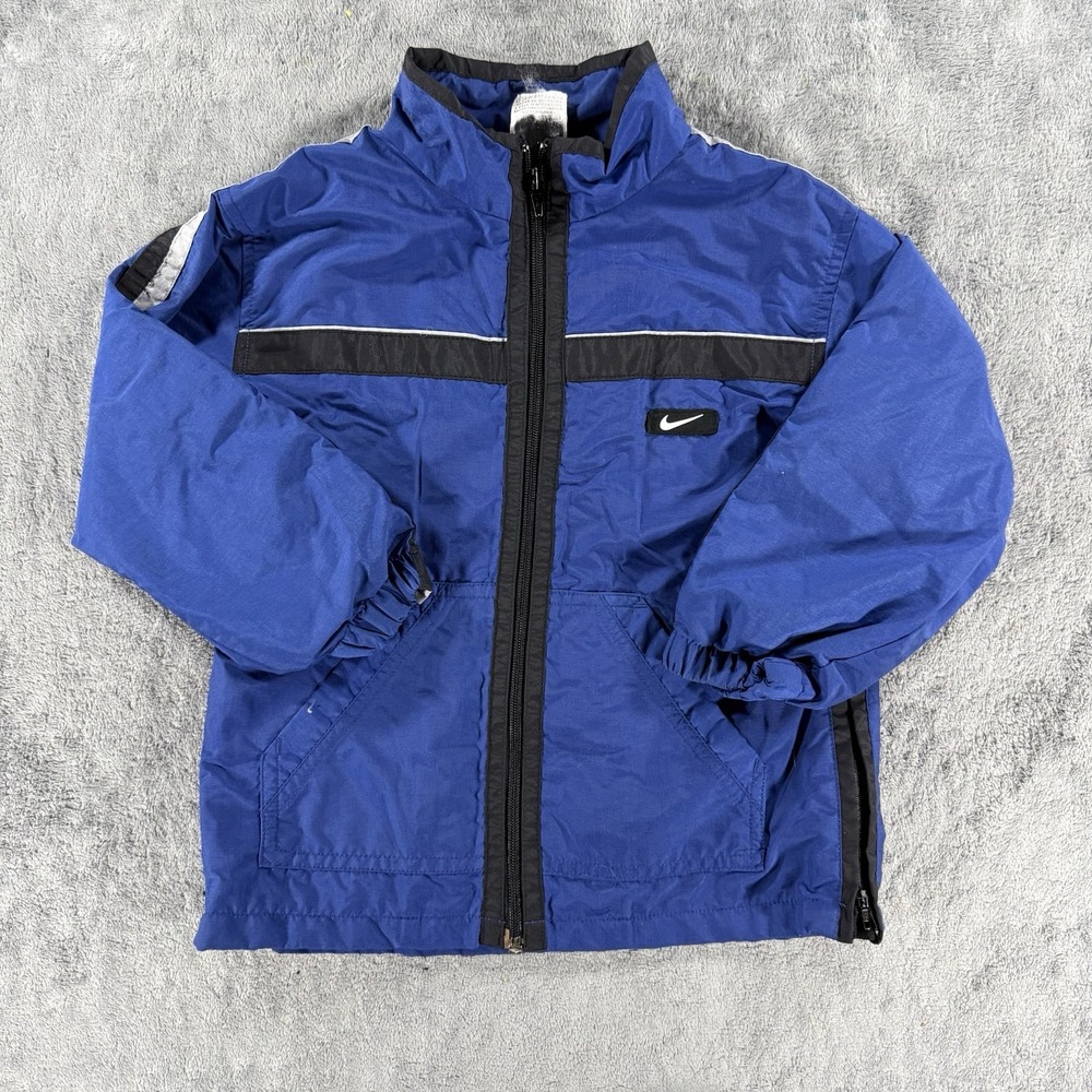 Vintage 90s Nike Youth Small 4/5 Blue Black Striped Full Zip Windbreaker Jacket